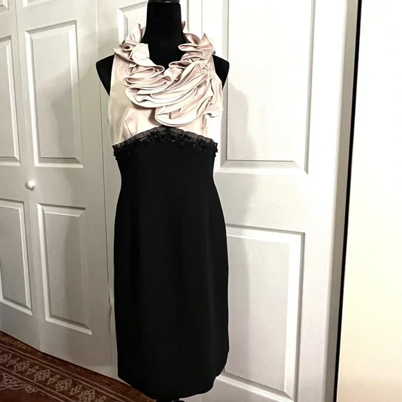 JS Collections Black Cream Ruffle Neck Cocktail dress size 8 - Picture 3 of 14